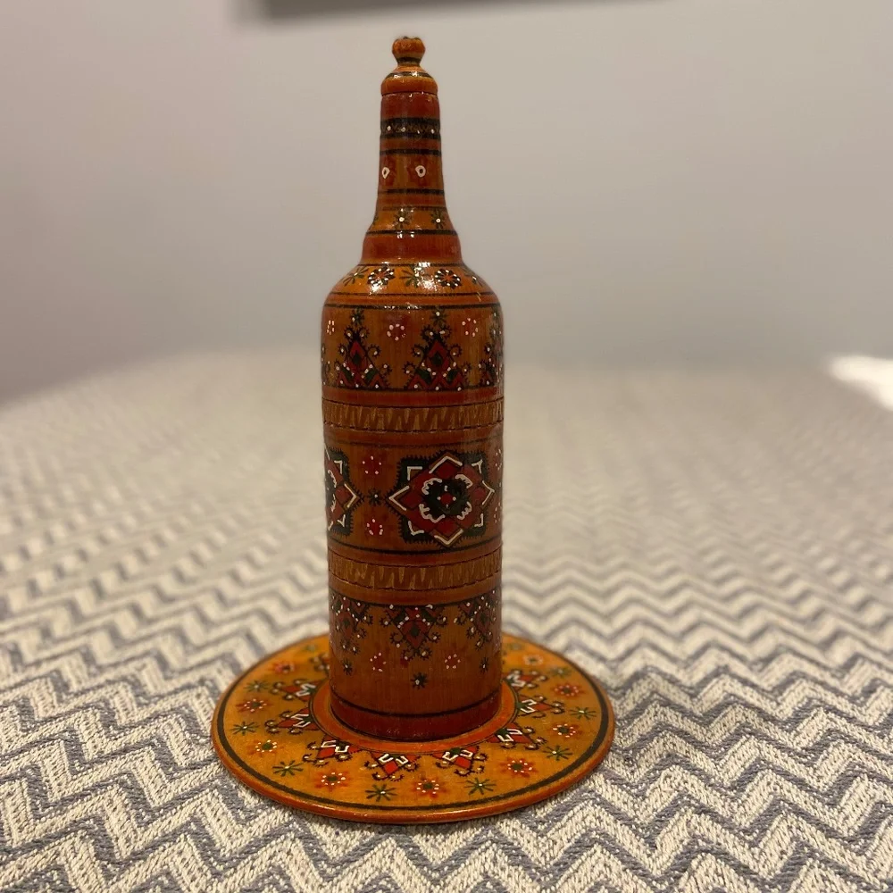 Folk Art Teak Wood Bottle & Plate – Geometric Design, Decorative